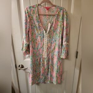 Lilly Pulitzer Pink Tropical Print Shift Dress Size Large Lace Trim Bell Sleeve